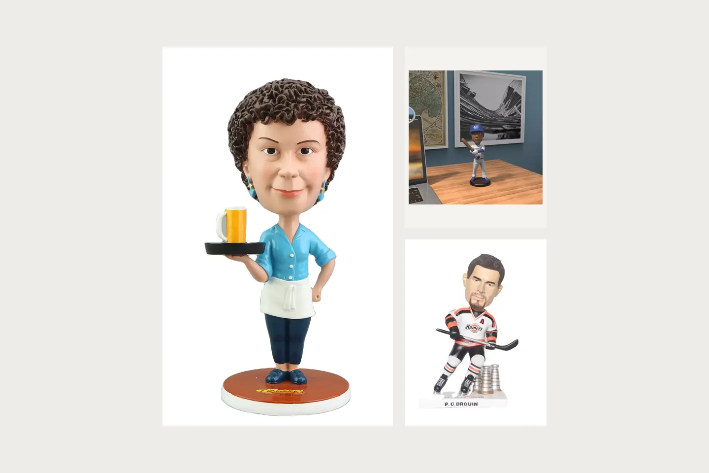 A curly-haired server character bobblehead carrying a tray; A baseball-player bobblehead displayed on a wooden desk; A hockey-player bobblehead in a white jersey with a stick and miniature trophies