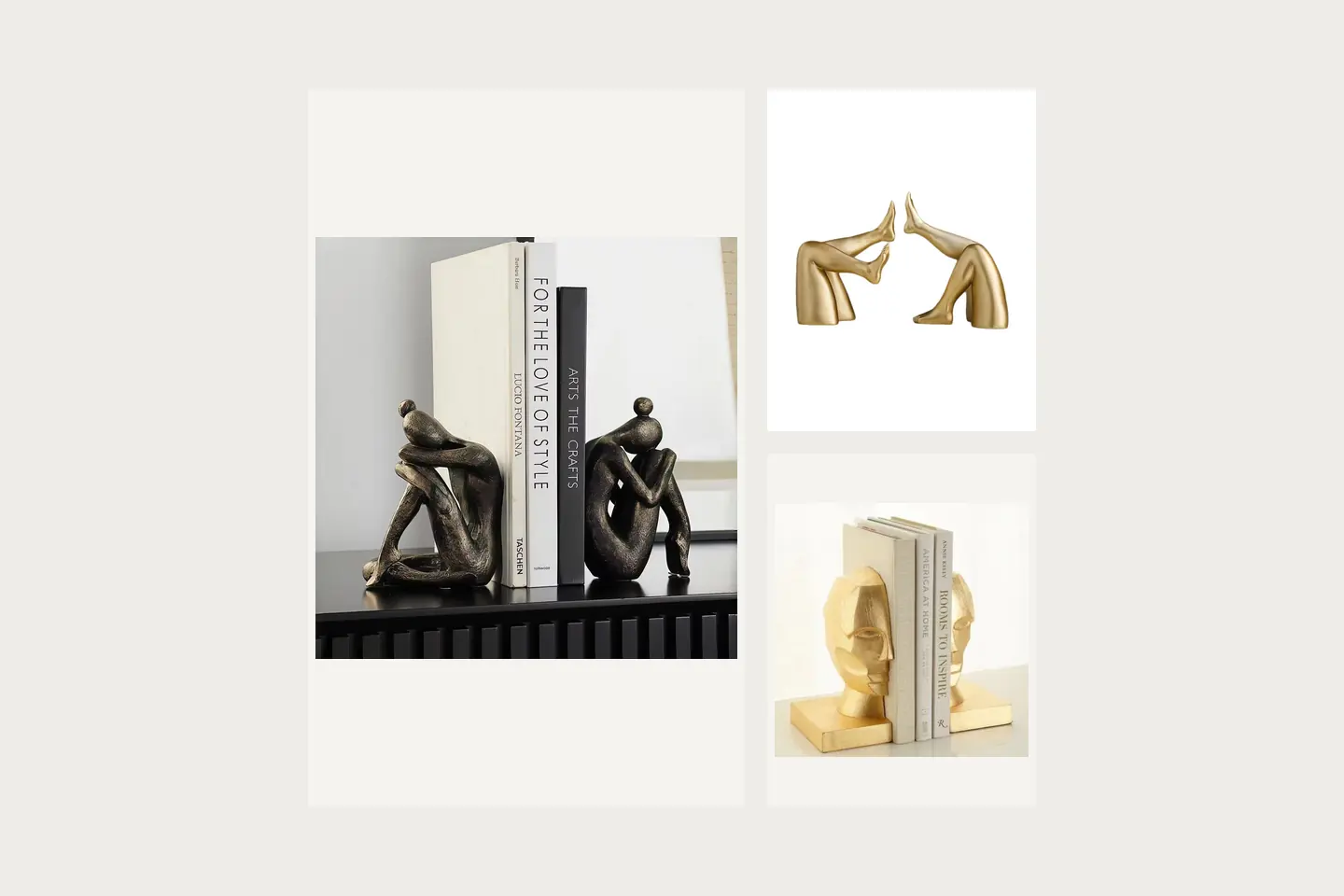 Two bronze-colored seated figure bookends framing a row of books; A pair of gold-colored abstract hand bookends meeting at the fingertips; Gold-colored geometric head bookends on rectangular bases beside books
