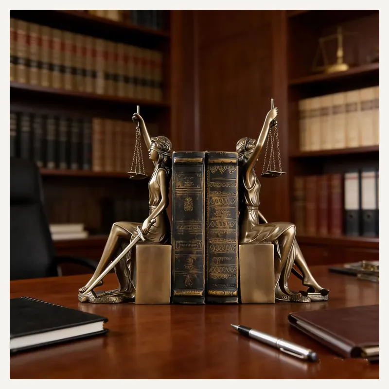 Gold seated figure bookends holding books on a library desk