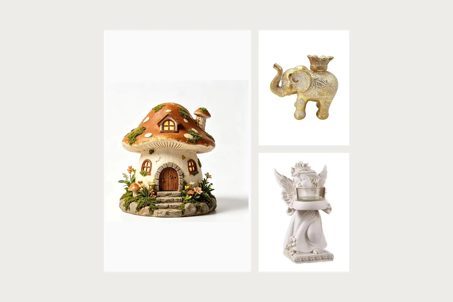 A mushroom cottage tealight holder with an orange roof and tiny garden details; A gold-colored elephant holder with patterned relief and an empty upper cup; An ivory angel figure holding a separate empty glass cup