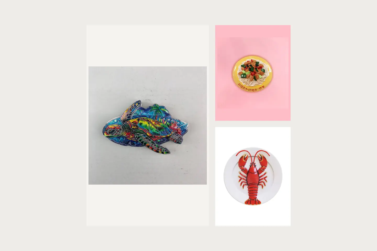 A colorful sea-turtle souvenir magnet with a scenic shell design; A plate-shaped food magnet with sculpted noodles and vegetables; A lobster-shaped refrigerator magnet on a white plate-like backing