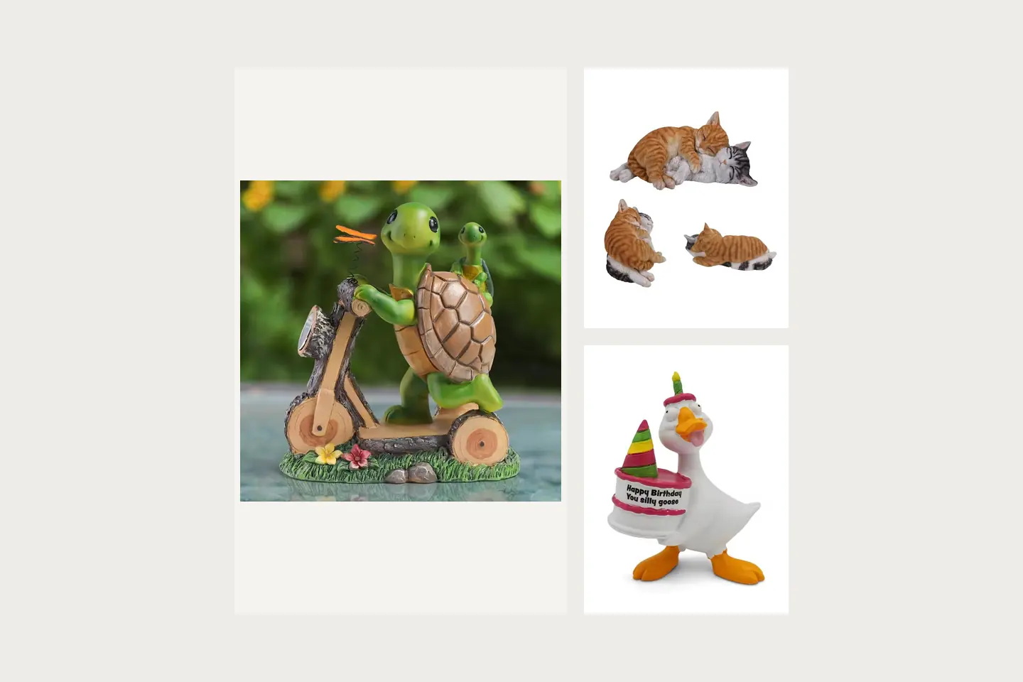A green turtle garden statue riding a small bicycle on a scenic base; Three views of a pair of curled-up cat garden statues; A white goose statue holding a small birthday cake with colored party details