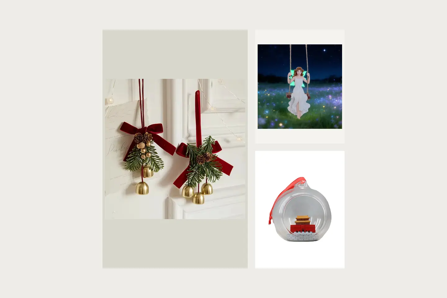 Two hanging bell-and-bow ornaments with red ribbons and pine details; A fairy figure seated on a rope swing with its full hanging cords visible; A transparent hanging ornament containing a miniature red building and a red ribbon