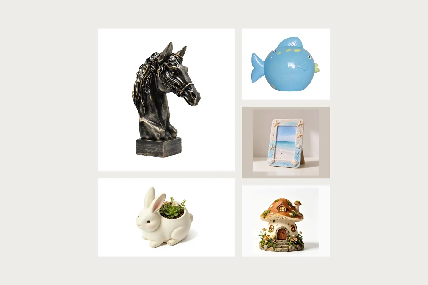 Product photo collage with sculpted figures, decorative gifts and home accessories