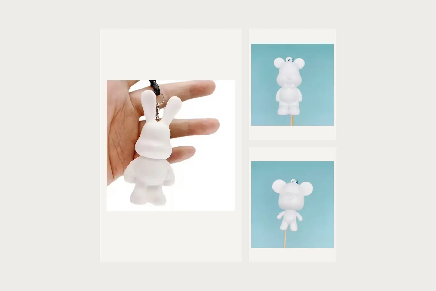 Unpainted white rabbit-shaped keychain held in a hand; Unpainted round-eared animal keychain with a sculpted outfit; Unpainted round-eared animal keychain wearing a cap and shorts