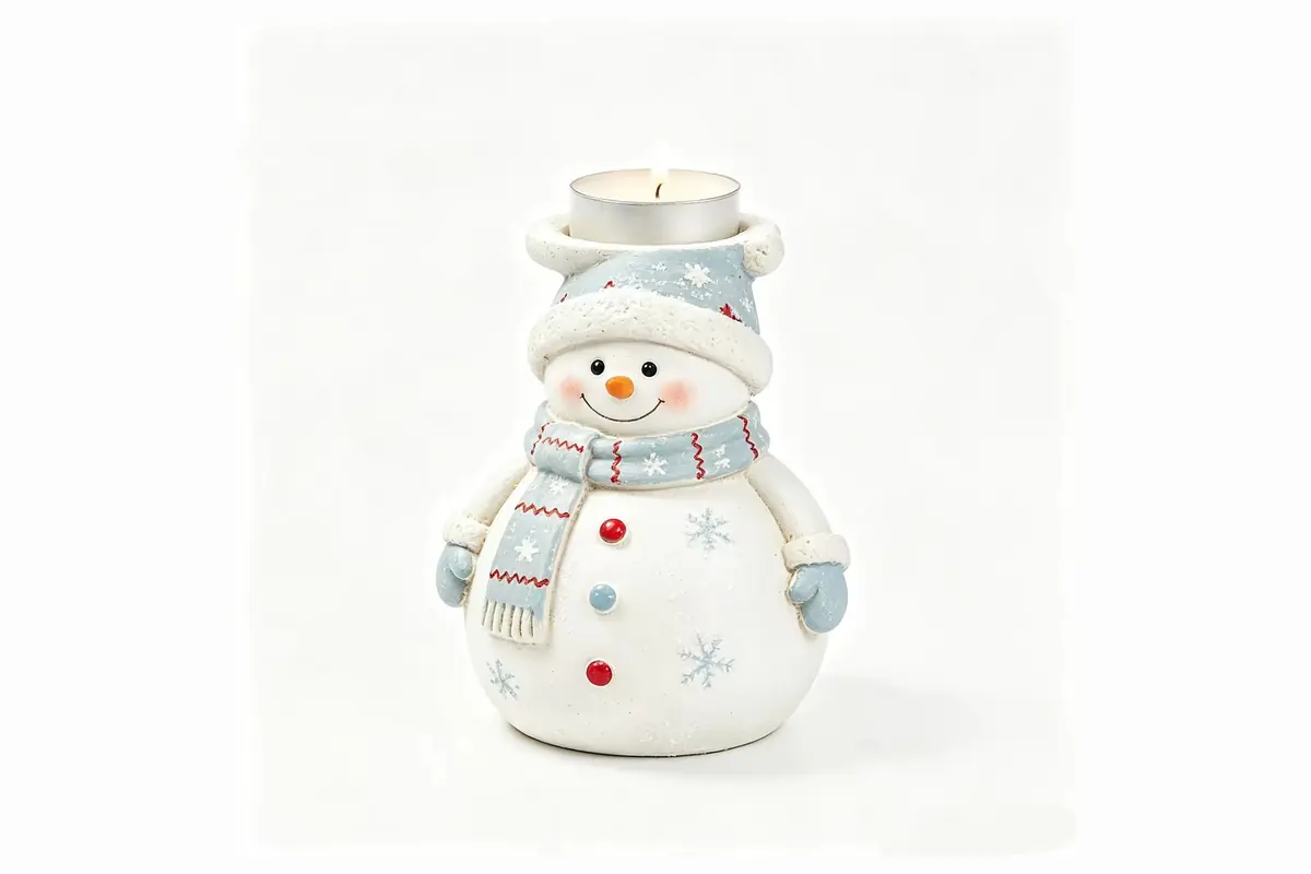 A white snowman tealight holder with a blue scarf and hat
