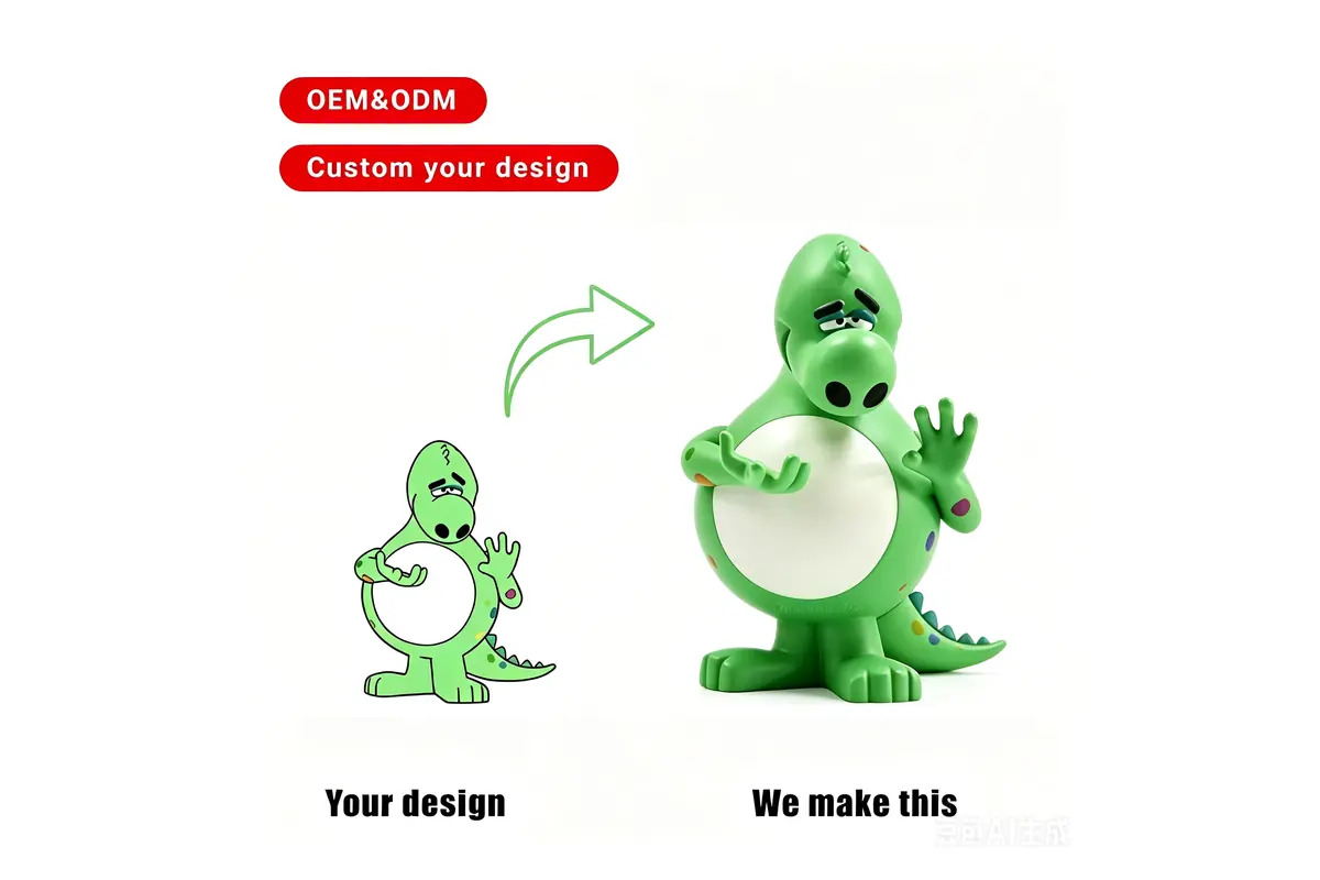A green dragon character drawing beside a corresponding sculpted figurine