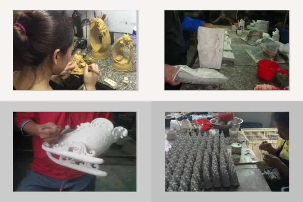 Manufacturing process reference photographs of sculpting, molds, a white decorative body and surface repair.