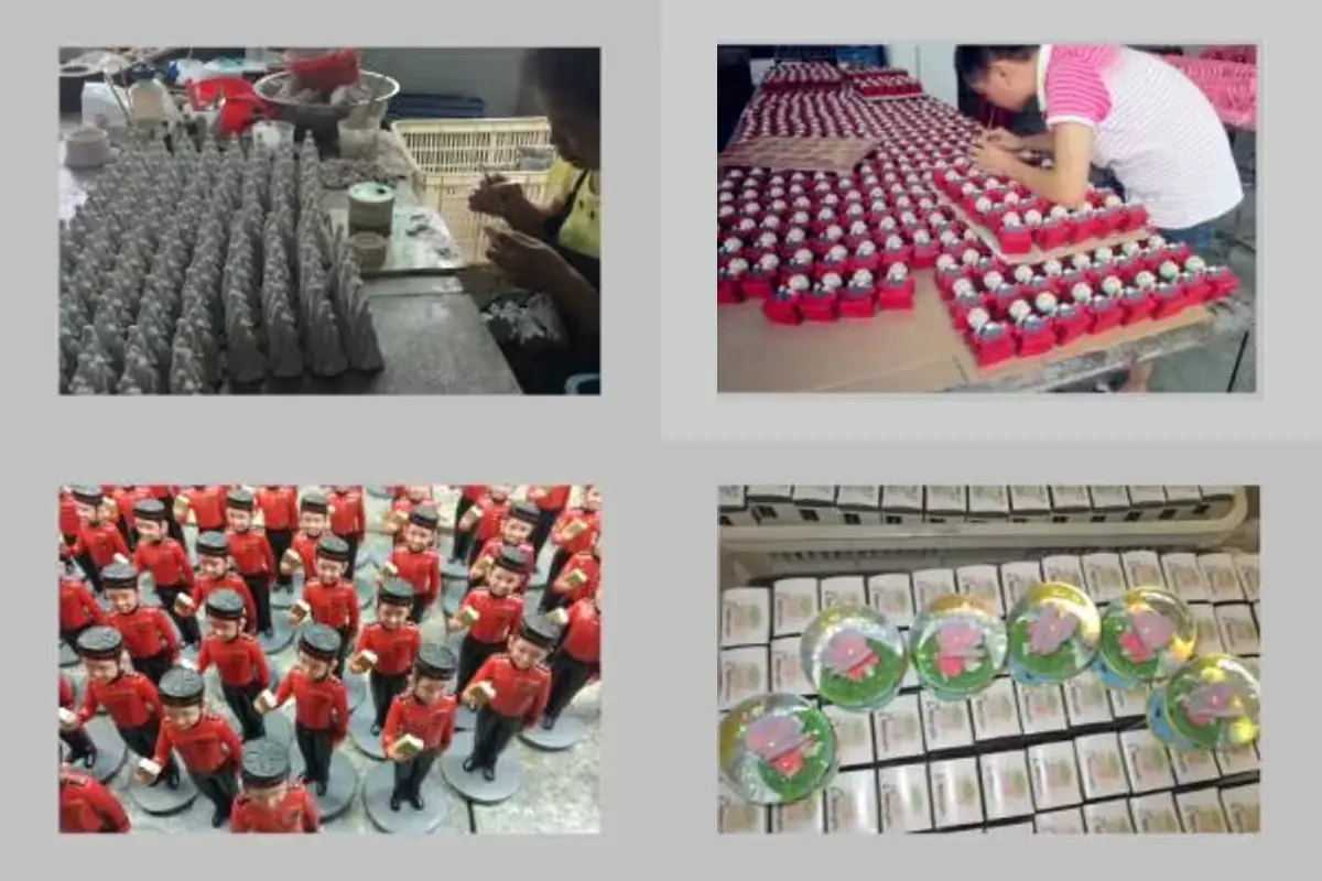 Manufacturing process reference photographs of surface repair, manual inspection, grouped finished figures and packed ornaments.