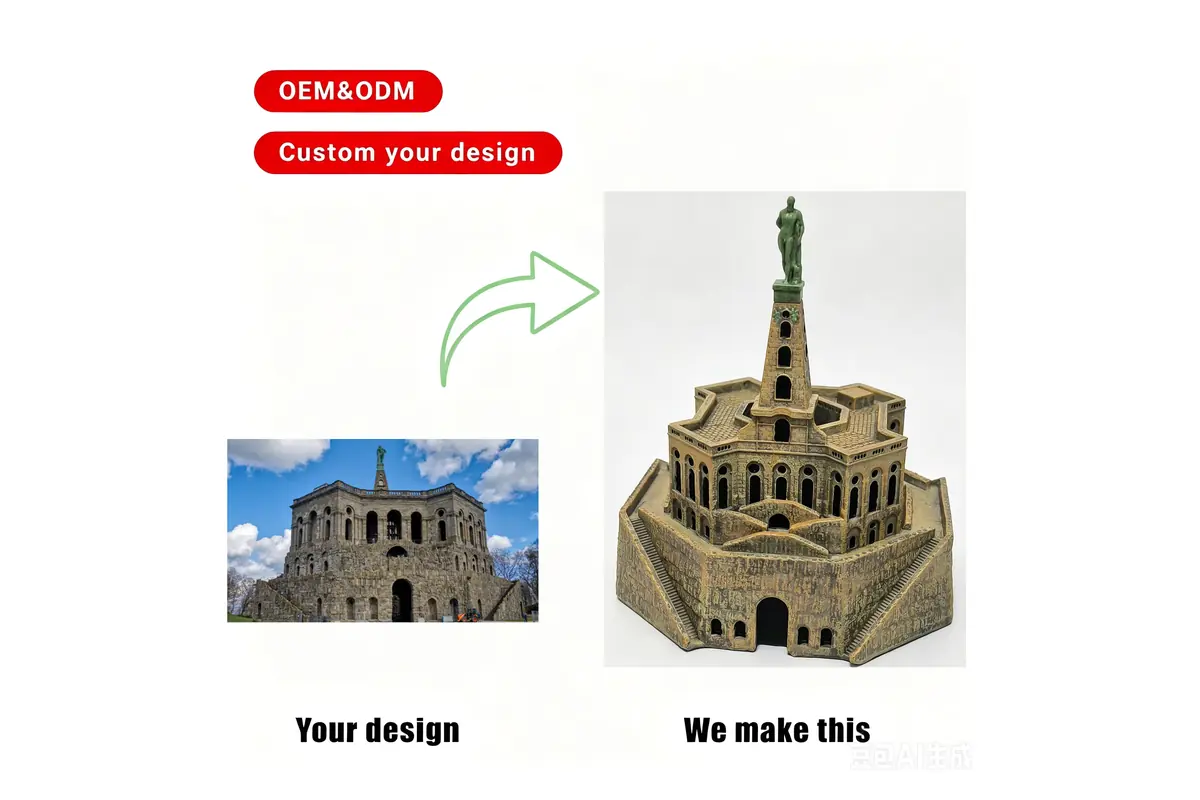 A landmark reference photograph beside a corresponding miniature landmark model