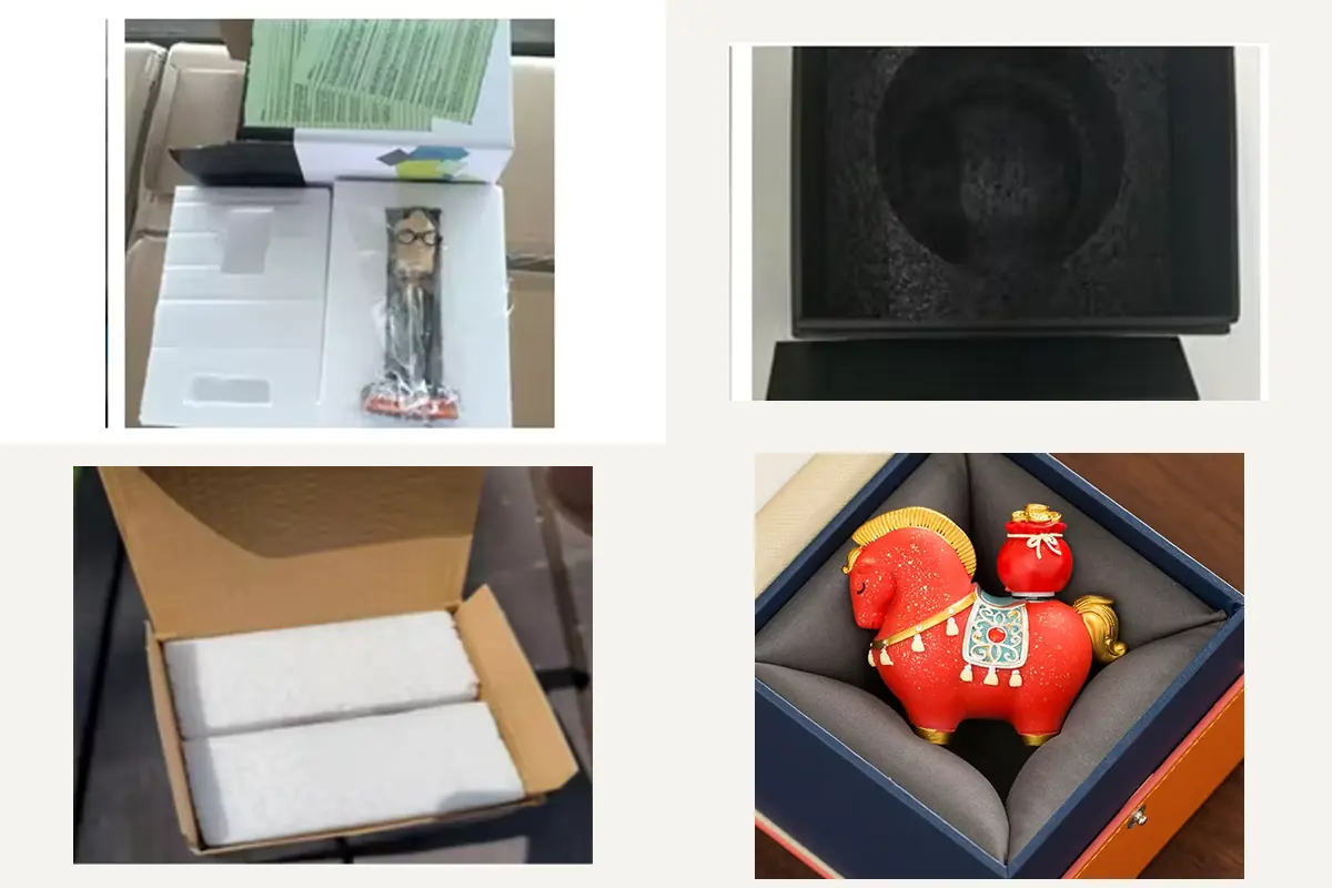 Packaging reference photographs showing shaped white foam, a dark fitted insert, foam sheets inside a carton and a figurine resting in fabric-covered cushioning.