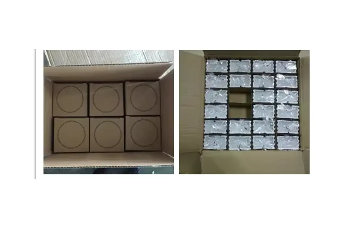 Small retail cartons and individually wrapped products arranged inside outer shipping cartons