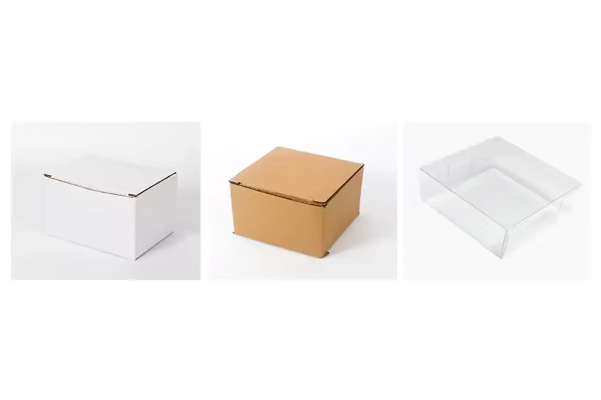Plain white, brown and clear boxes shown as separate packaging references