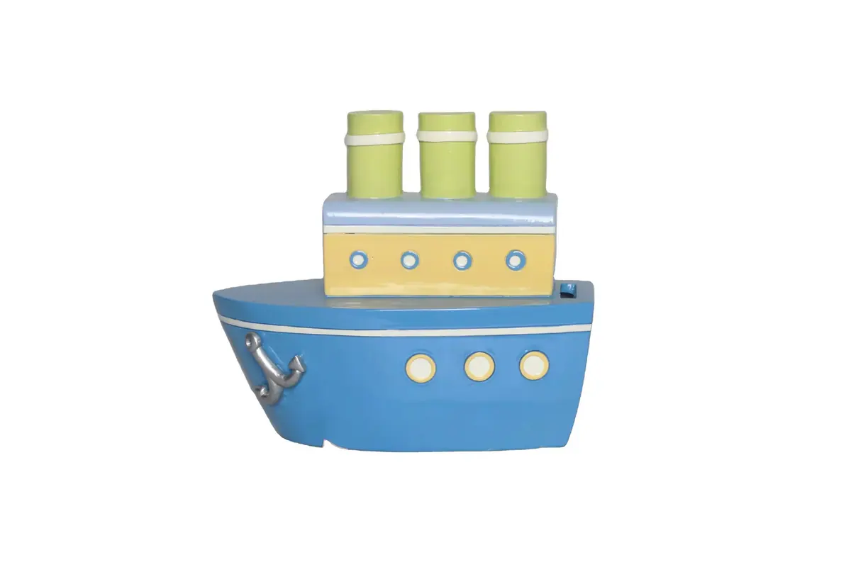 A blue and yellow ship coin bank with three green funnels
