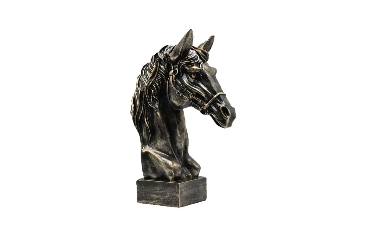 A dark bronze horse head bust on a square base