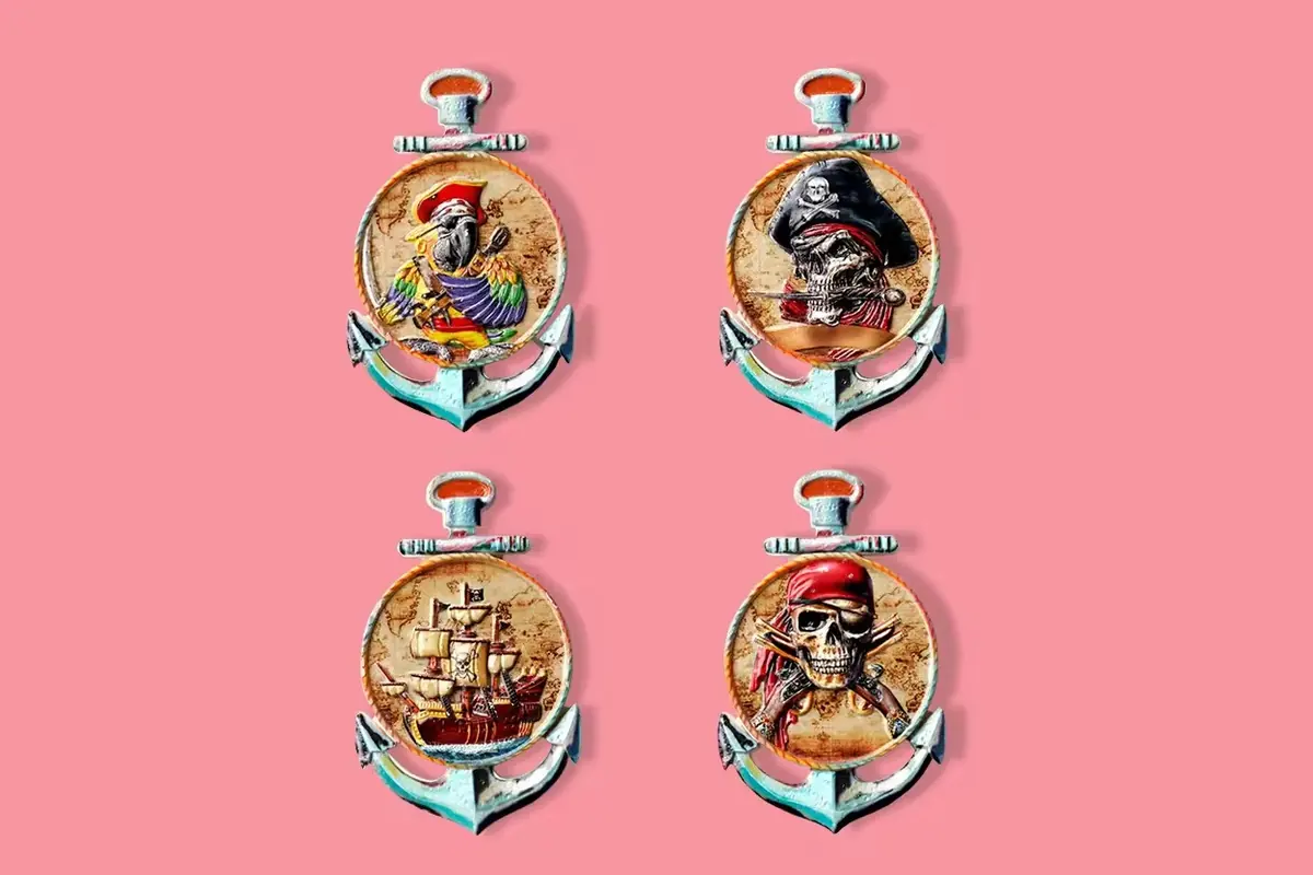Four pirate-themed anchor refrigerator magnets