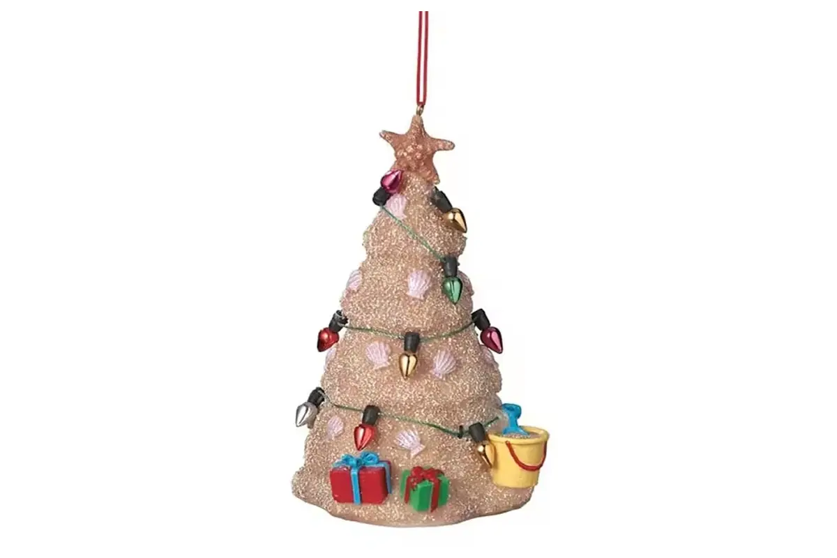 Christmas tree hanging ornament with colored lights and gifts