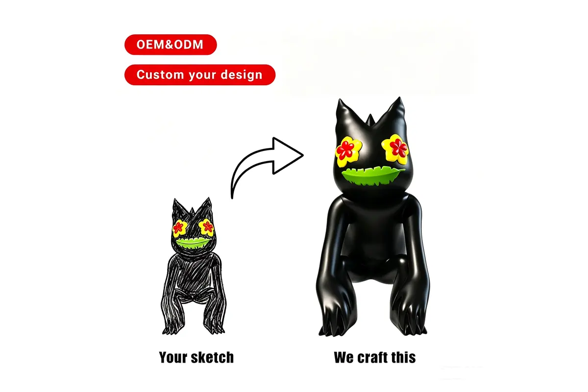 A black cat character sketch beside the corresponding sculpted figurine