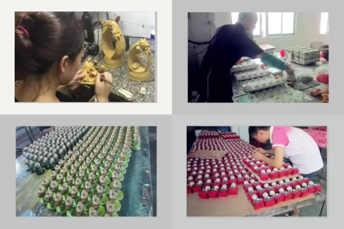 Manufacturing process reference: sculpting, casting, painting, inspection.