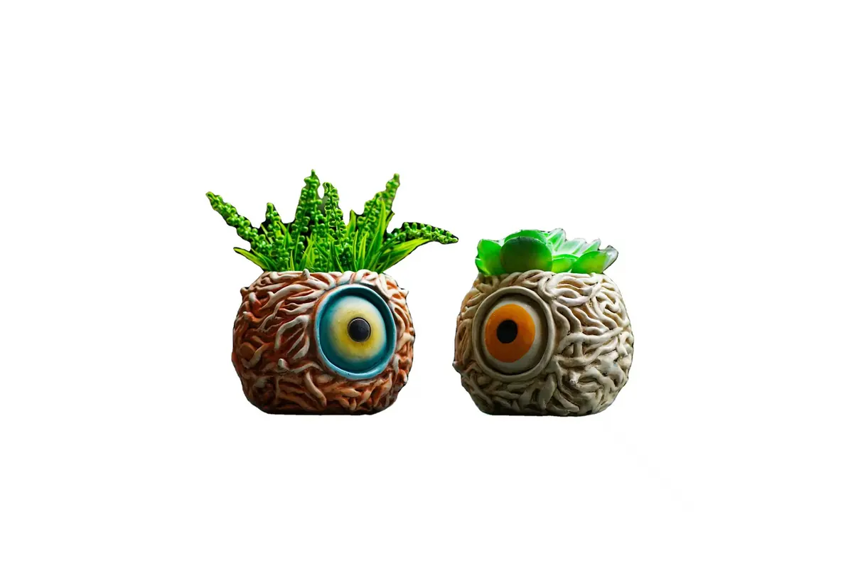 Two textured round planters with large colorful eyes and succulents