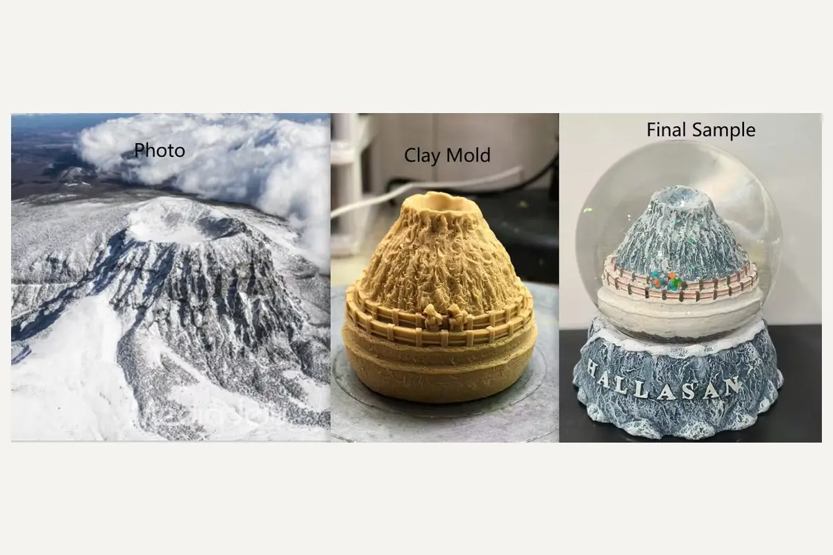 Development reference showing a mountain photograph, sculpted model and completed snow globe