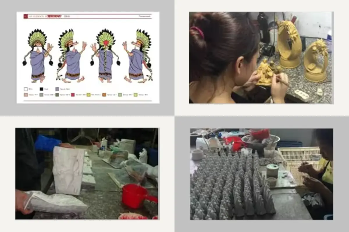 Manufacturing process reference photographs of a design drawing, sculpting, molds and surface repair.