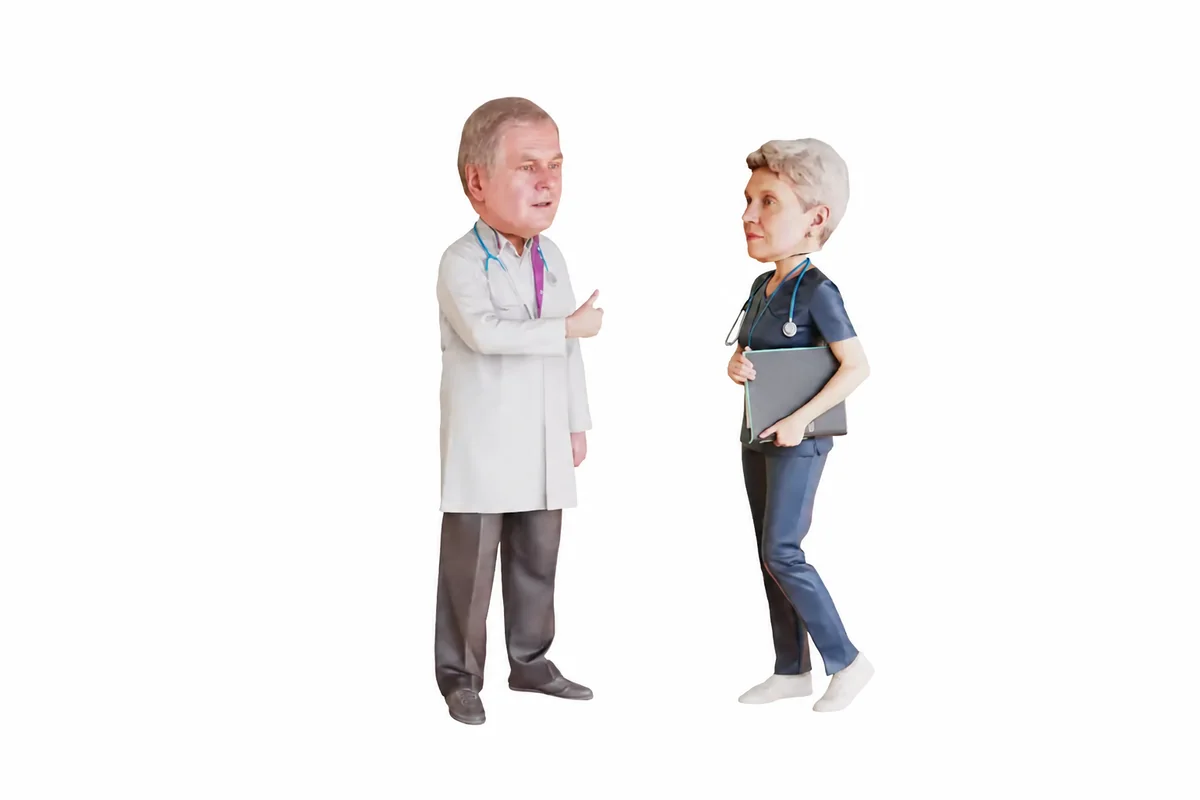 Two medical character bobbleheads in a coat and a blue uniform