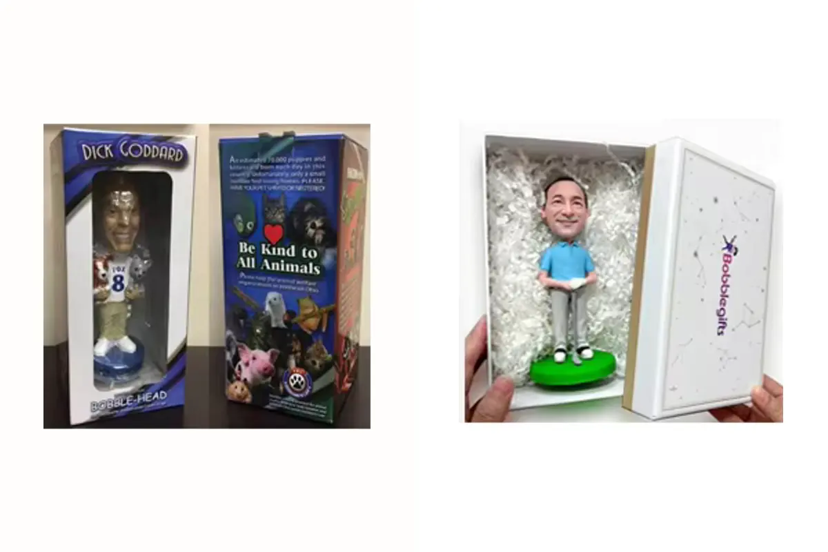 A window box and a cushioned gift box holding bobblehead figures in supplied packaging examples