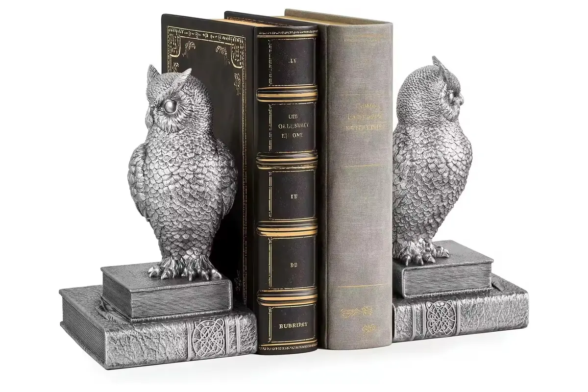 A pair of owl bookends standing beside books on square bases