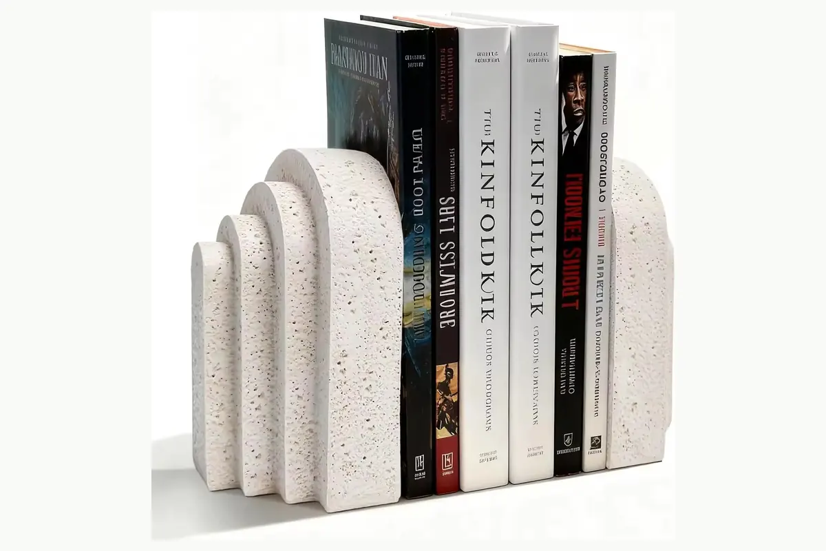 Ivory arch-shaped bookends with a speckled stone-like finish