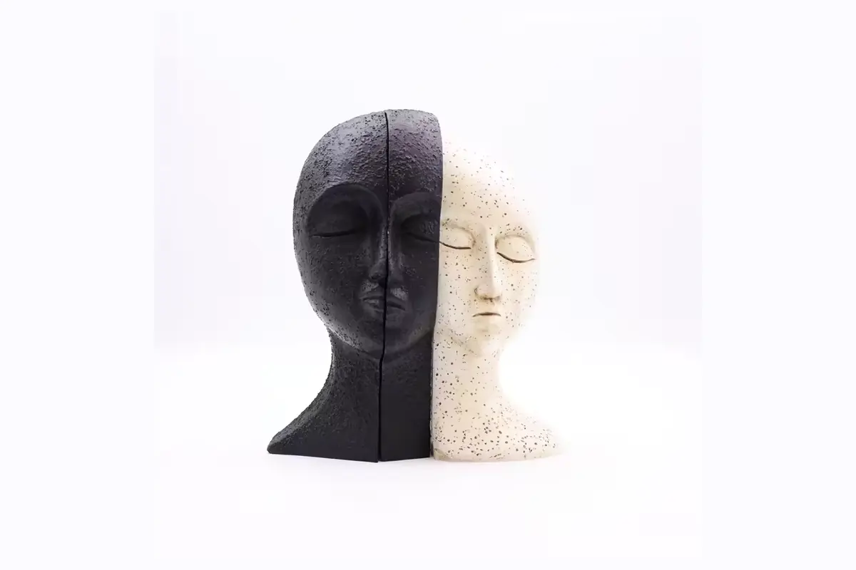 A sculptural head divided into two contrasting bookend halves