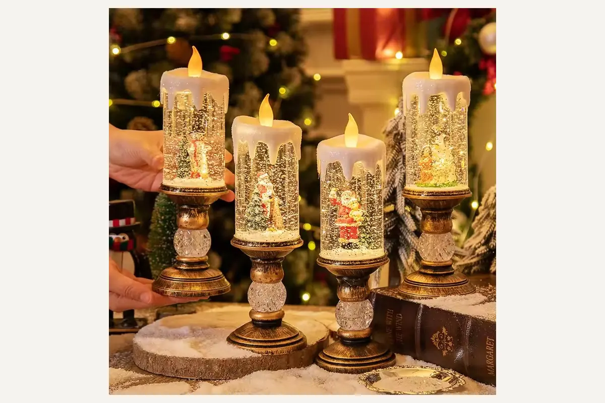 Decorative candle-shaped lights on sculpted gold-colored bases