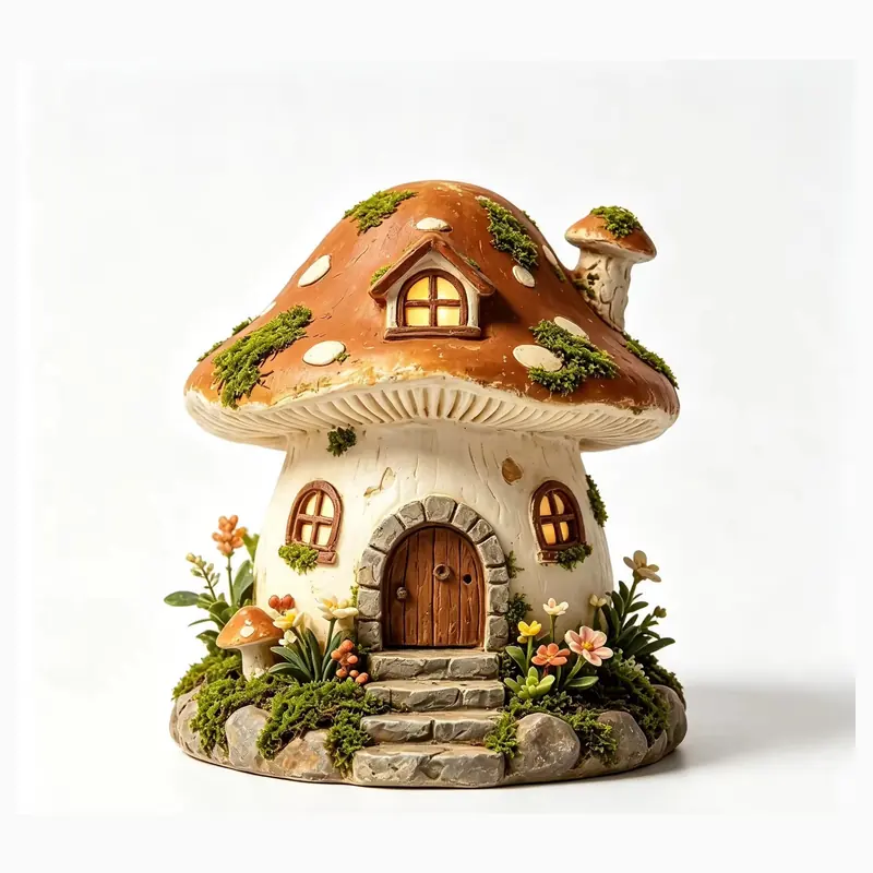 A mushroom cottage candle holder with small windows and a broad base