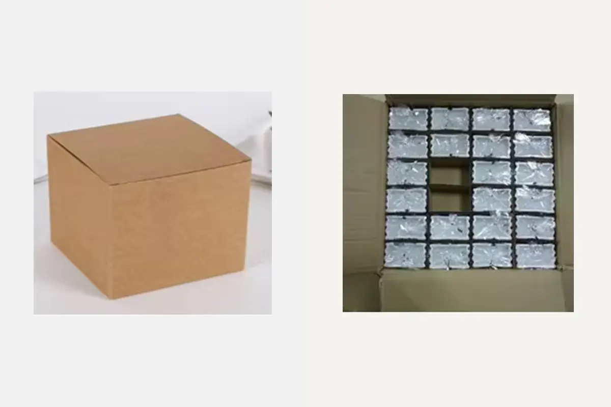 A plain brown gift carton beside individually protected items in a shipping carton