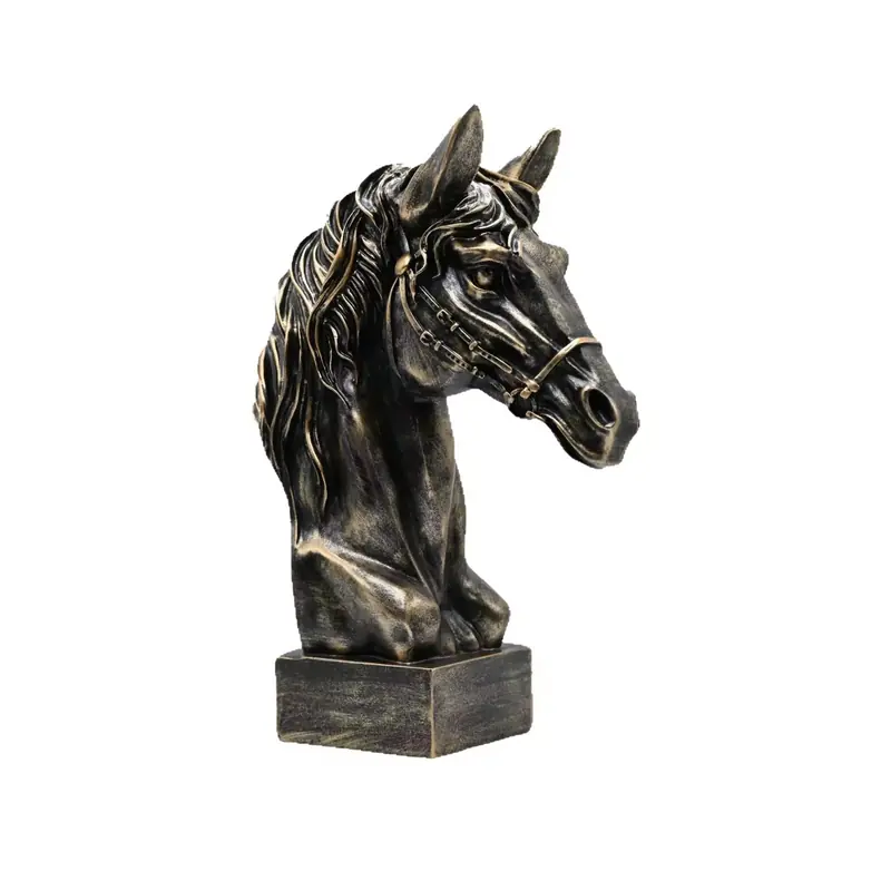 A bronze-colored horse head bust on a square base