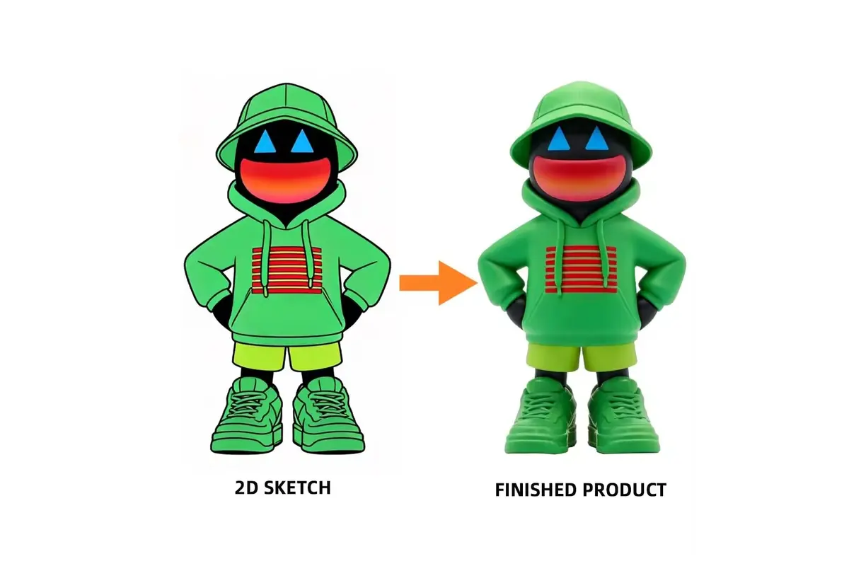 A supplied example pairing a green character sketch with its sculpted figure
