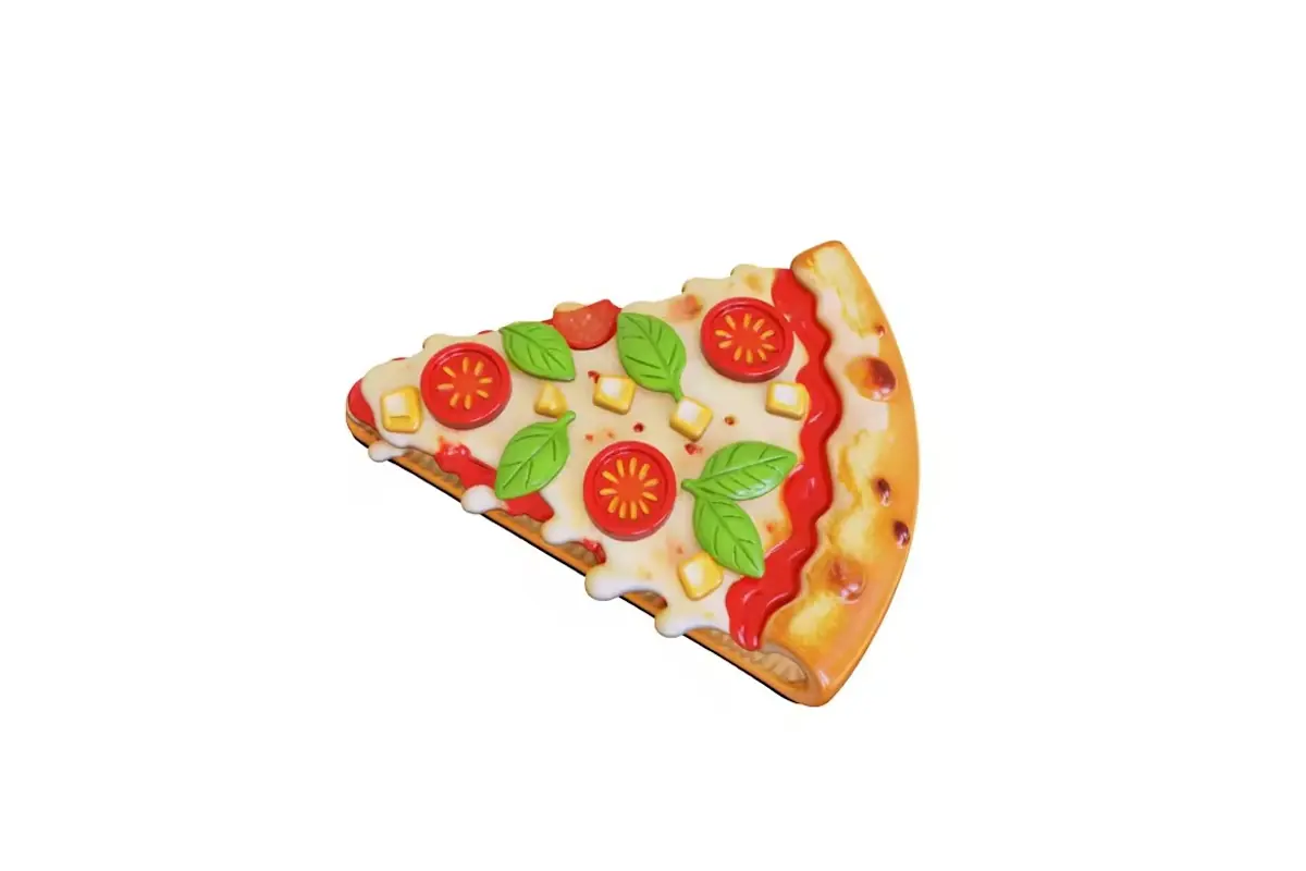 A pizza-slice refrigerator magnet with raised vegetable toppings