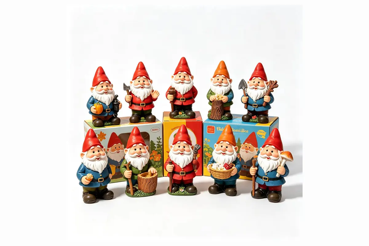 A coordinated group of small garden gnome statues in varied poses