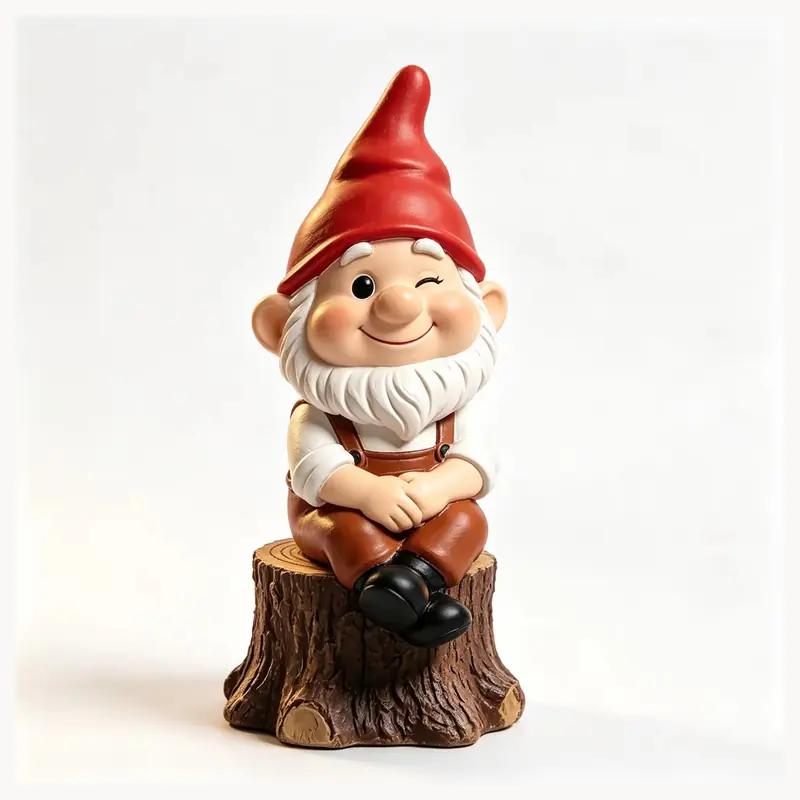 A red-hat garden gnome seated on a sculpted tree stump