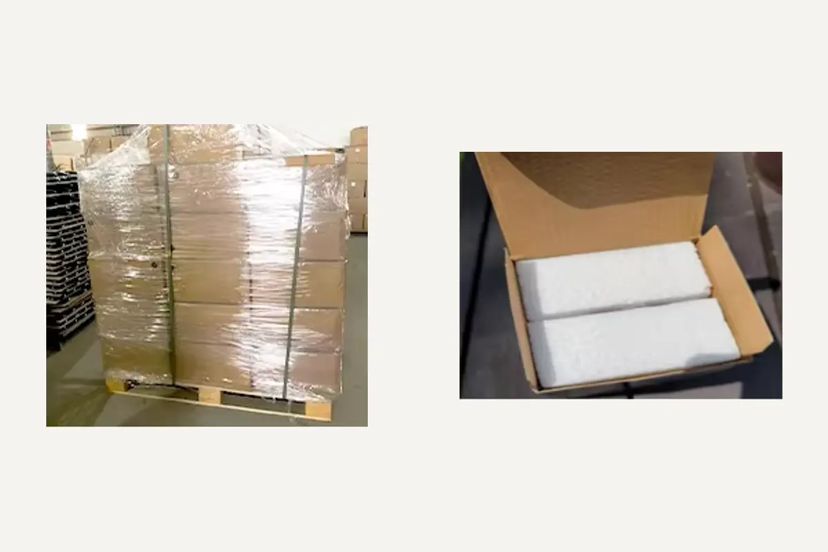 A wrapped shipping pallet beside an open carton with foam protection