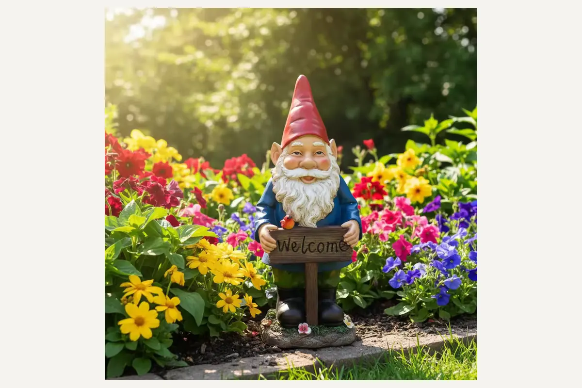A small red-hat garden gnome displayed among flowering plants
