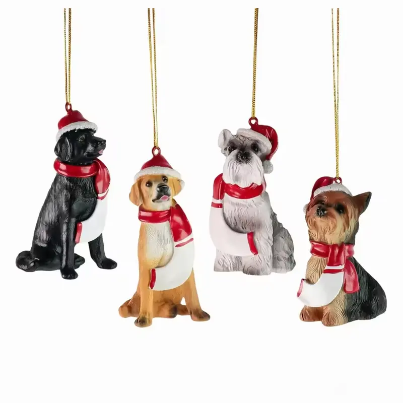 Four dog hanging ornaments wearing Christmas hats and scarves