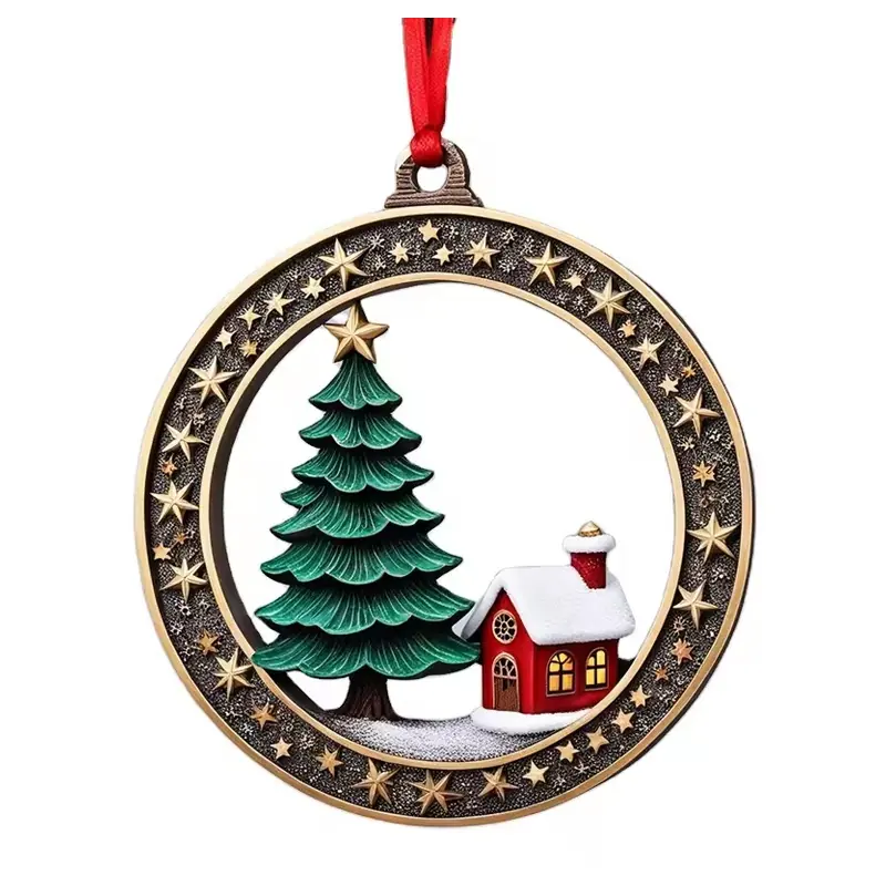 A round Christmas ornament framing a tree and a red house
