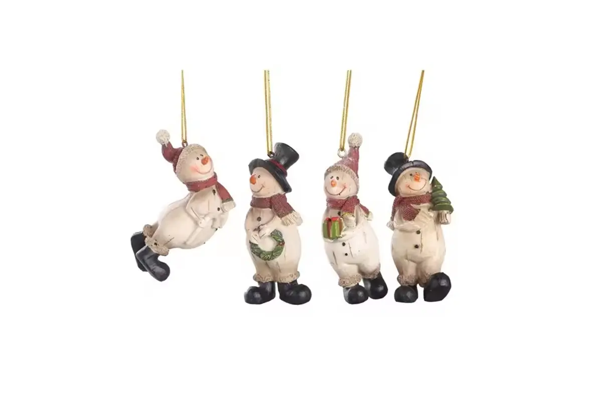 Four character hanging ornaments with visible top loops and cords