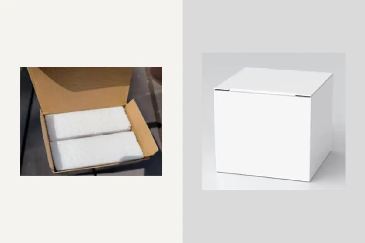 An open carton with foam protection beside a plain white gift box