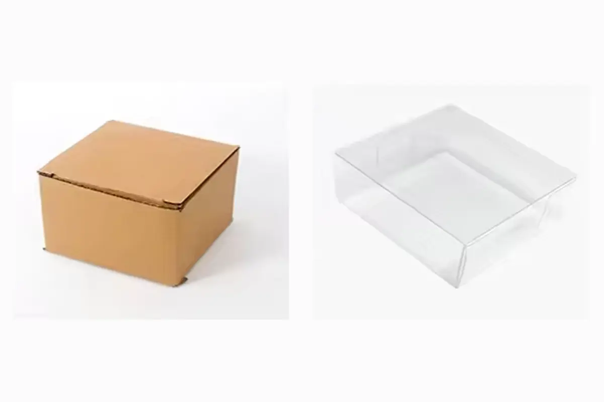 A small kraft carton and a clear gift box shown as general packaging references