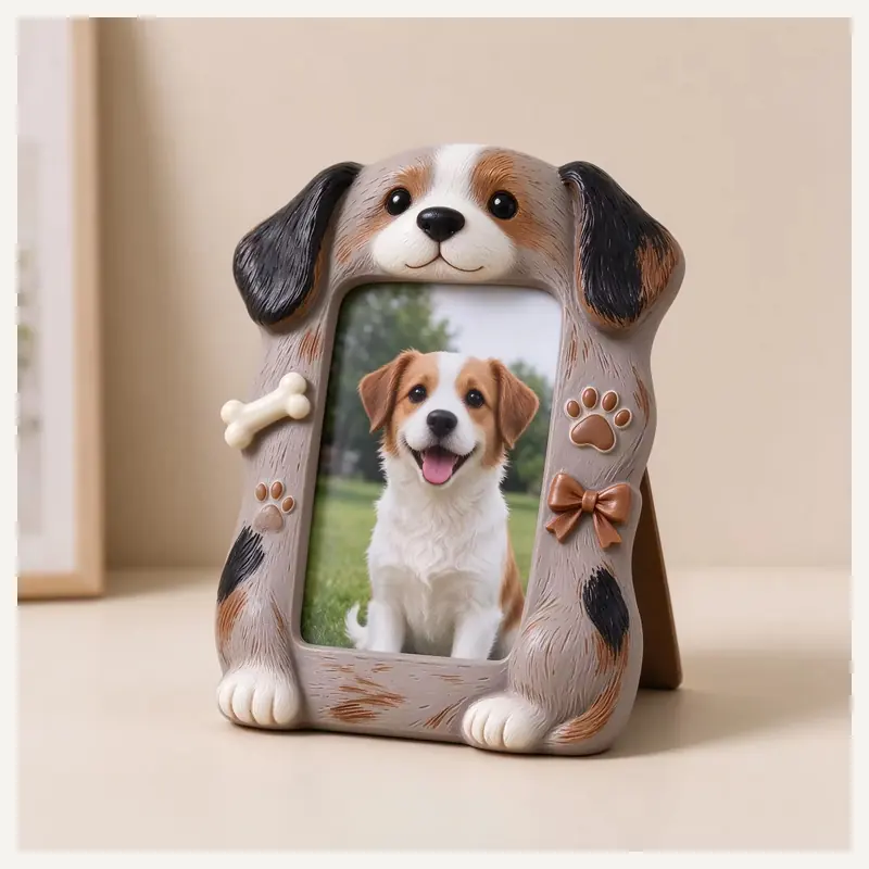 A dog-shaped photo frame with paw and bone details