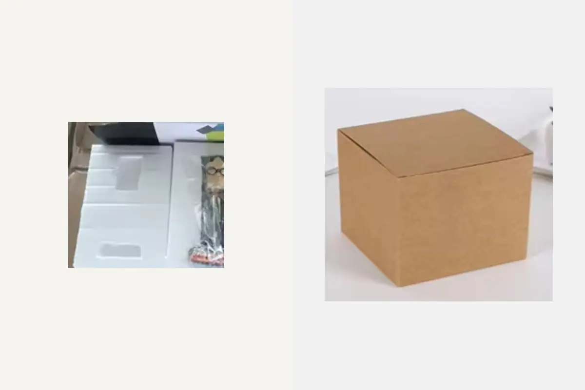 A molded foam insert beside a plain brown gift carton