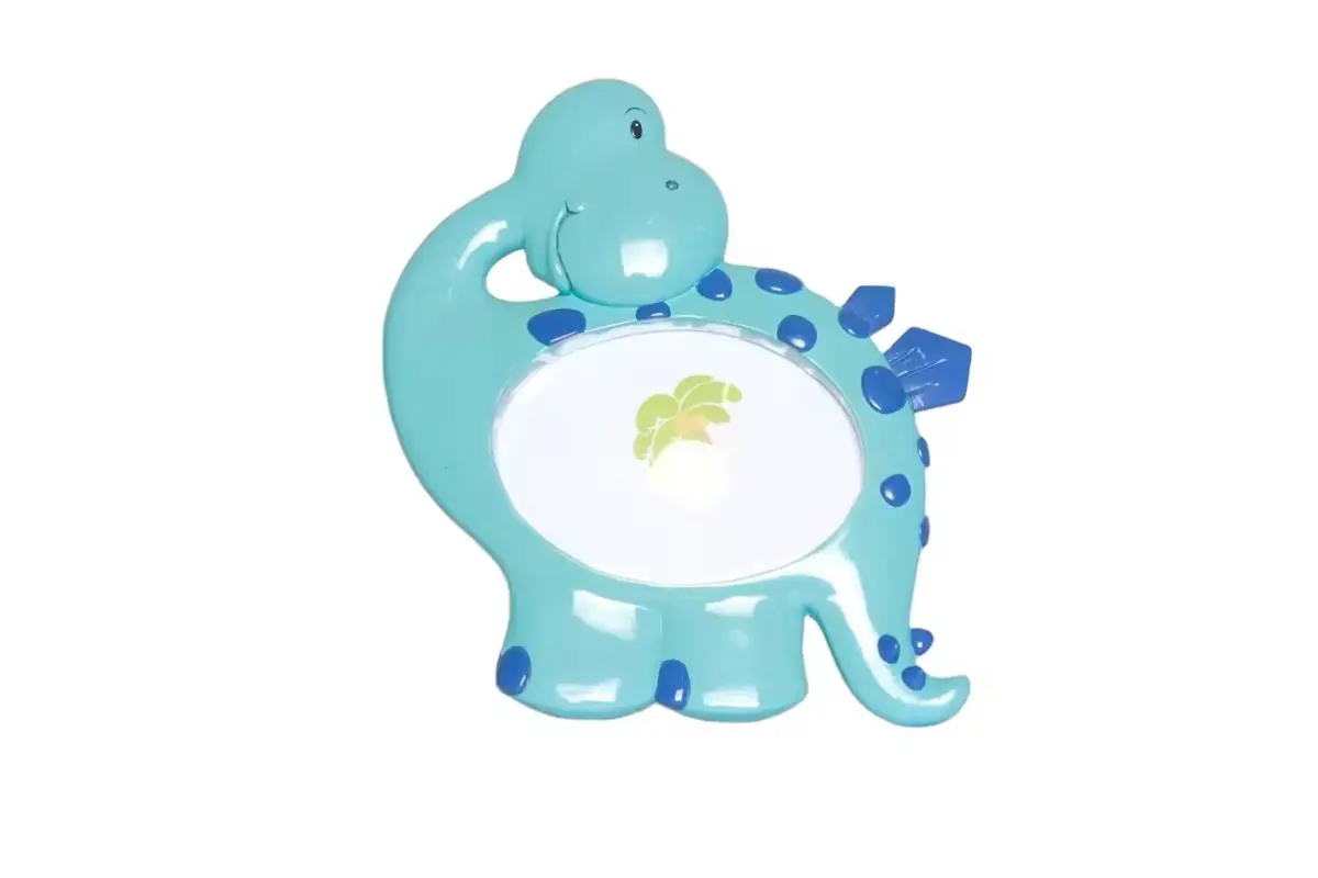 A blue dinosaur-shaped photo frame with an oval picture opening