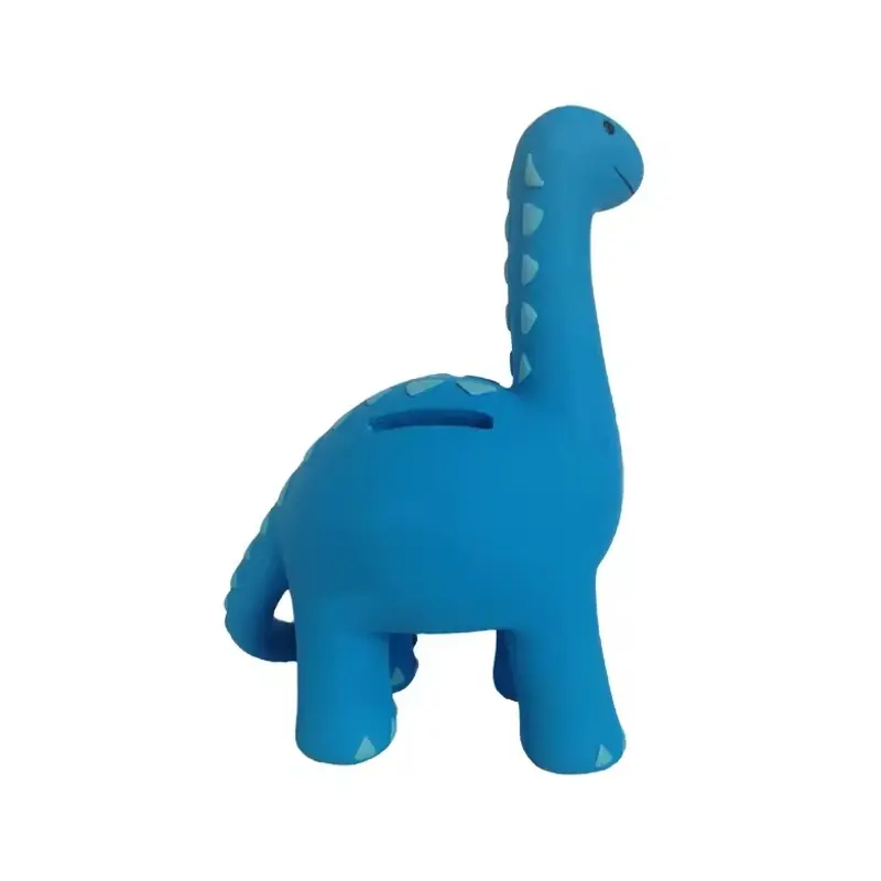 A blue long-neck dinosaur coin bank with pale markings